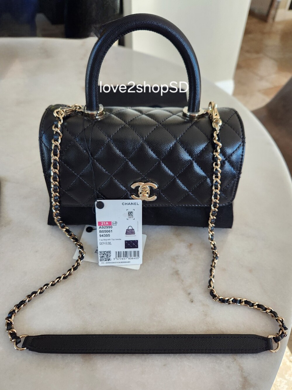 Chanel Coco Handle Small Black Quilted  Caviar Leather Light Gold Hardware NWT